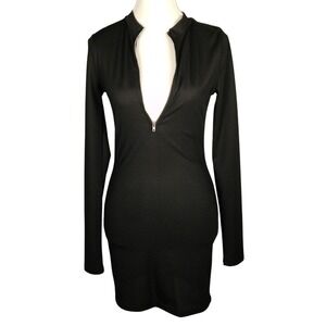 NWOT SHEIN Black Ribbed Zip Neck Long Sleeve Bodycon Mini Dress Size M
